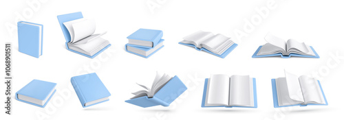 Set of 3d realistic books isolated on white background. 3D book icons. Vector illustration