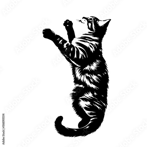 A playful Bengal cat standing on its hind legs, reaching playfully with its paws in a dynamic pose that showcases its distinctive coat patterns and energetic nature