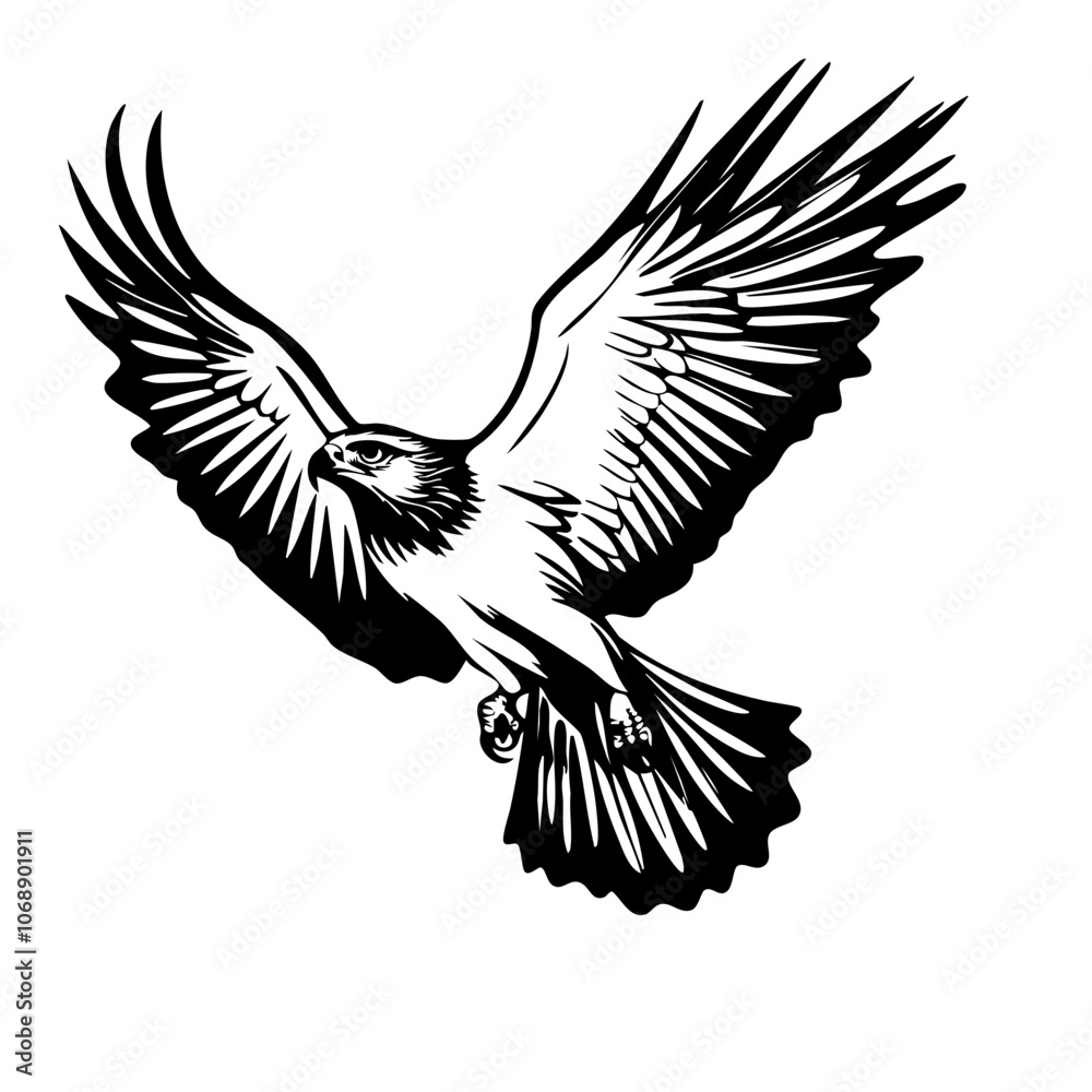 A soaring hawk with outstretched wings glides gracefully above a natural landscape, embodying freedom and power during a bright, clear day A soaring hawk with outstretched wings glides gracefully above a natural landscape, embodying freedom and power during a bright, clear day