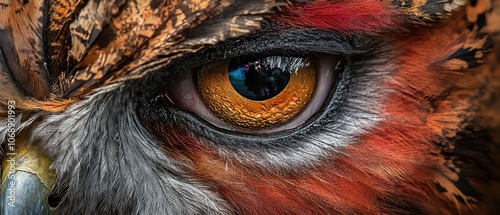 Close-up of a bird's eye showcasing intricate details and vibrant colors.