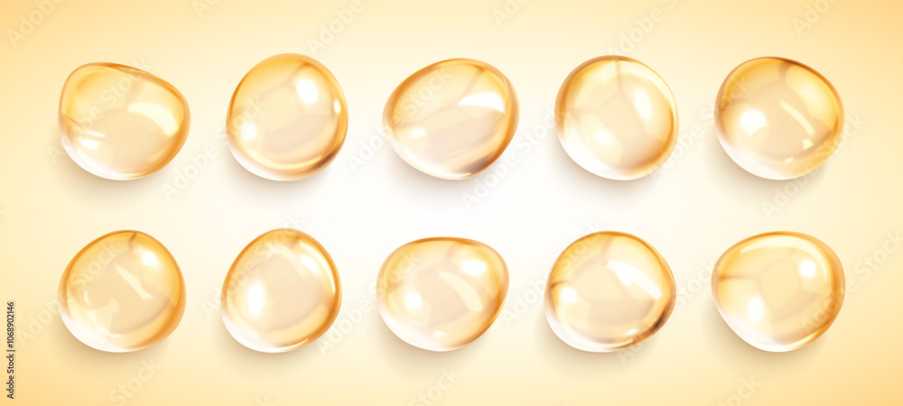 Cosmetic oil droplets. Realistic cosmetic serum drops. Clear liquid drops. Hyaluronic acid. Collagen gel skincare product. Vector illustration Cosmetic oil droplets. Realistic cosmetic serum drops. Clear liquid drops. Hyaluronic acid. Collagen gel skincare product. Vector illustration