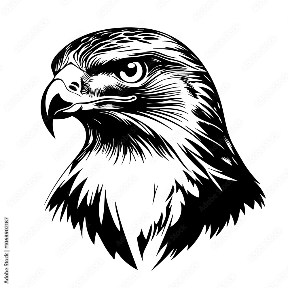 Detailed vector illustration of a powerful hawk's head showcasing its fierce expression and intricate feather patterns Detailed vector illustration of a powerful hawk's head showcasing its fierce expression and intricate feather patterns