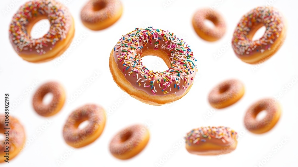 Group of donuts with chocolate icing and sprinkles flying in the air. White background. Sweet treats and junk food.