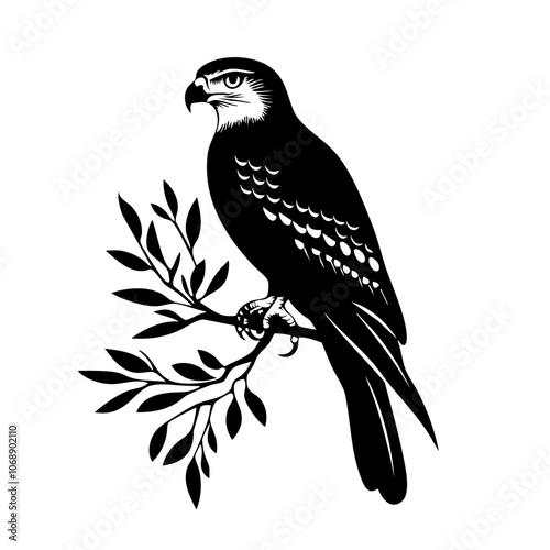 A majestic bird of prey perched on a leafy branch showcasing intricate details and bold lines, perfect for nature-inspired designs and wildlife appreciation