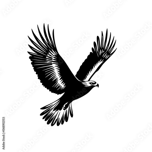 A soaring black hawk with outstretched wings captured in graceful flight against a minimalist design background, showcasing its strength and elegance