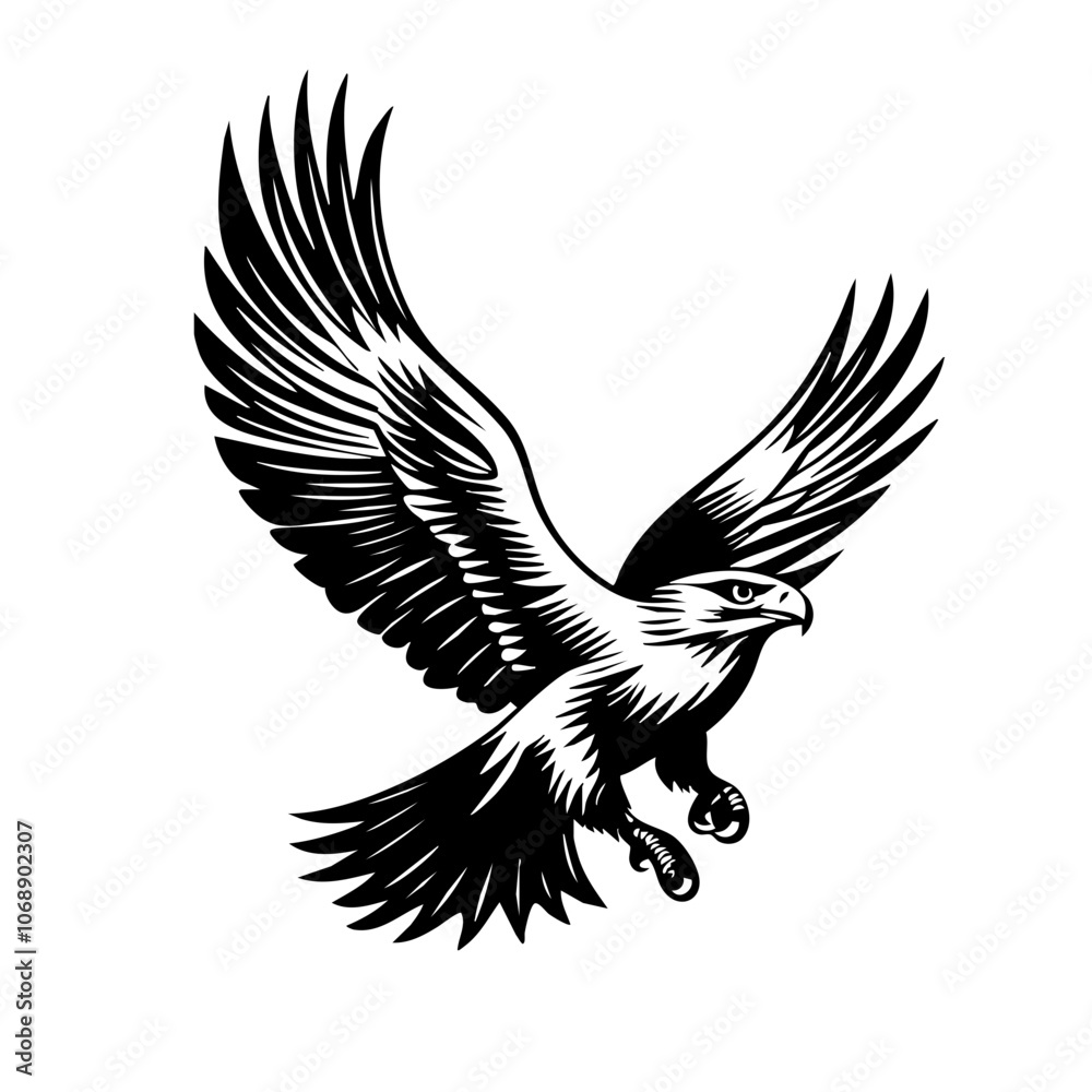 A soaring eagle depicted in a dynamic vector design, showcasing its powerful wings and fierce expression while in mid-flight against a clean, minimalist backdrop A soaring eagle depicted in a dynamic vector design, showcasing its powerful wings and fierce expression while in mid-flight against a clean, minimalist backdrop