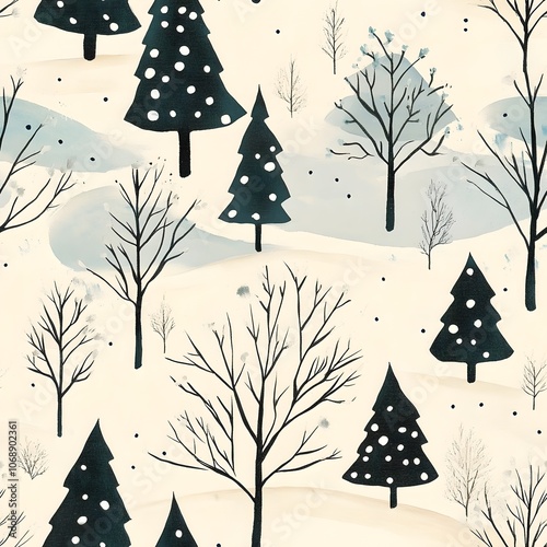 snowing in the mountain with christmas trees seamless pattern