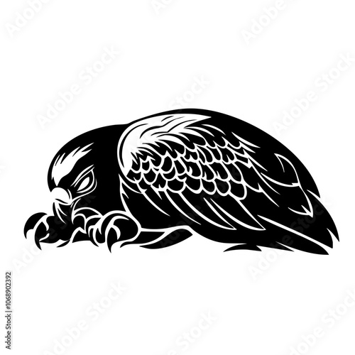 A detailed vector illustration of a fierce hawk in a crouching position, symbolizing strength and vigilance in a stylized black silhouette design