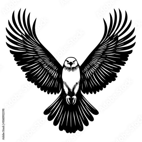 A majestic bird of prey in flight, showcasing its powerful wings and fierce expression in an intricate black vector design, embodies the beauty of nature and strength