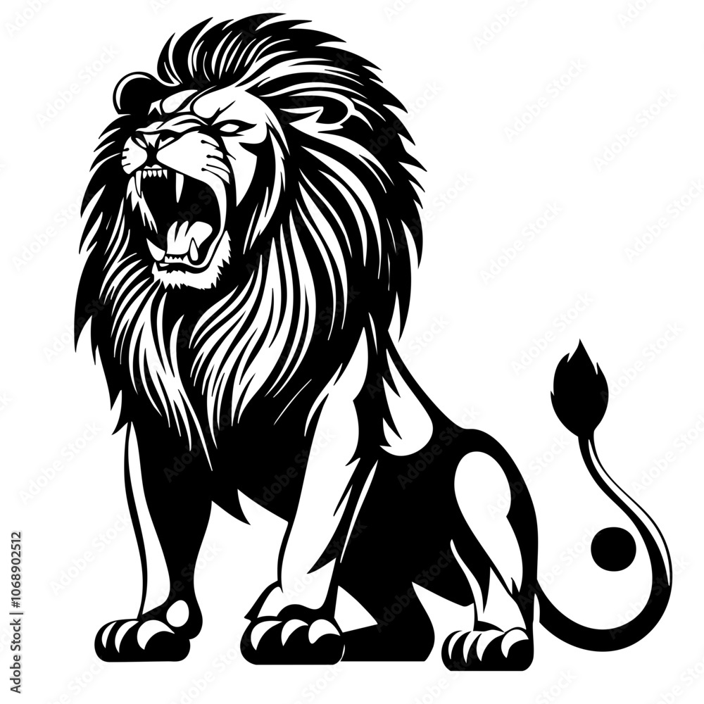 A powerful roaring lion with a majestic mane sits proudly, showcasing its strength and dominance as it expresses its natural ferocity in a striking vector design