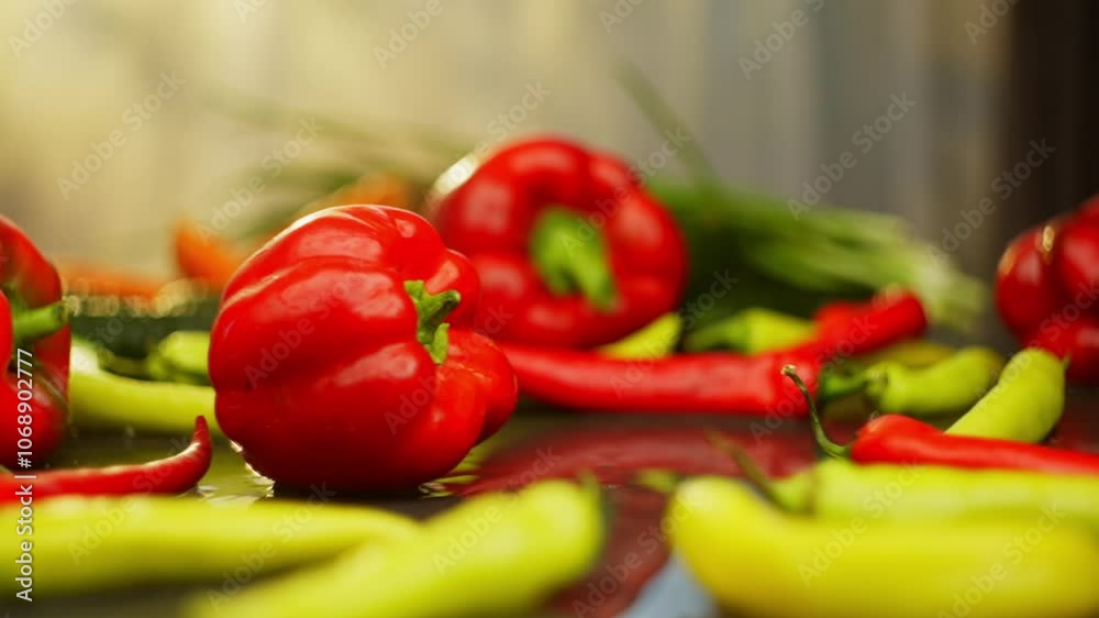 Peppers spin in slow motion on the table: organic vegetables for culinary masterpieces in the kitchen. High quality FullHD footage Peppers spin in slow motion on the table: organic vegetables for culinary masterpieces in the kitchen. High quality FullHD footage