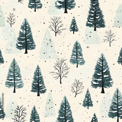 snowing in the mountain with christmas trees seamless pattern