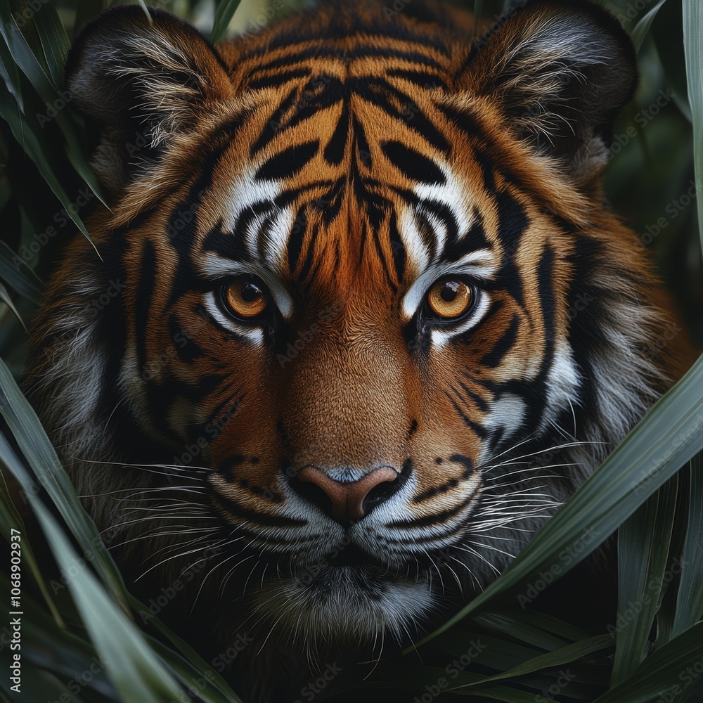 Naklejka premium Majestic Tiger Staring in Dense Green Foliage