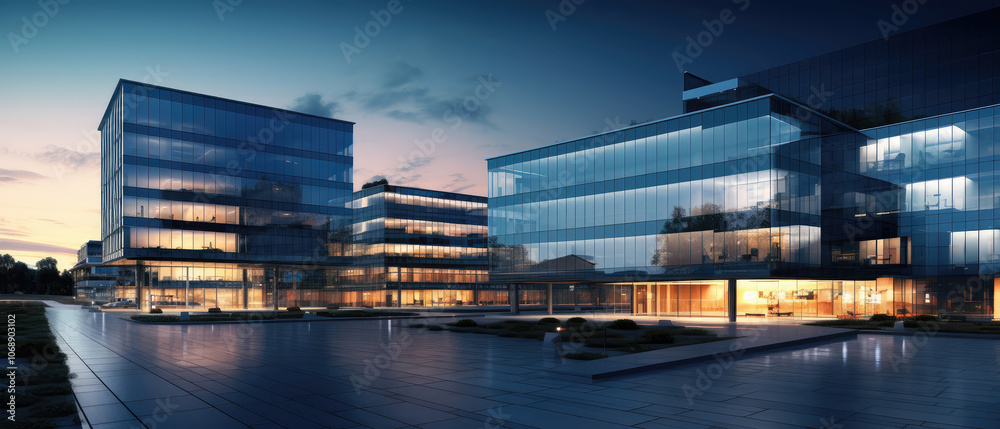 Modern Corporate Building Illuminated at Dusk Modern Corporate Building Illuminated at Dusk