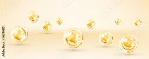 Cosmetic skincare product background. Abstract background with dynamic 3d spheres. Vector illustration of glossy balls. Horizontal banner or poster