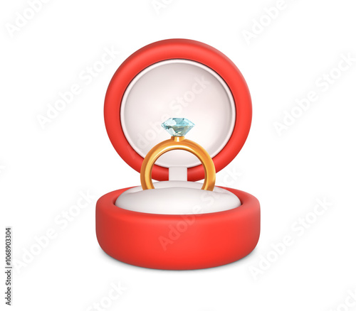 Engagement ring with precious stone in open box. Wedding gold ring and diamond in red case. Accessory for marriage proposal. Vector illustration in cartoon style
