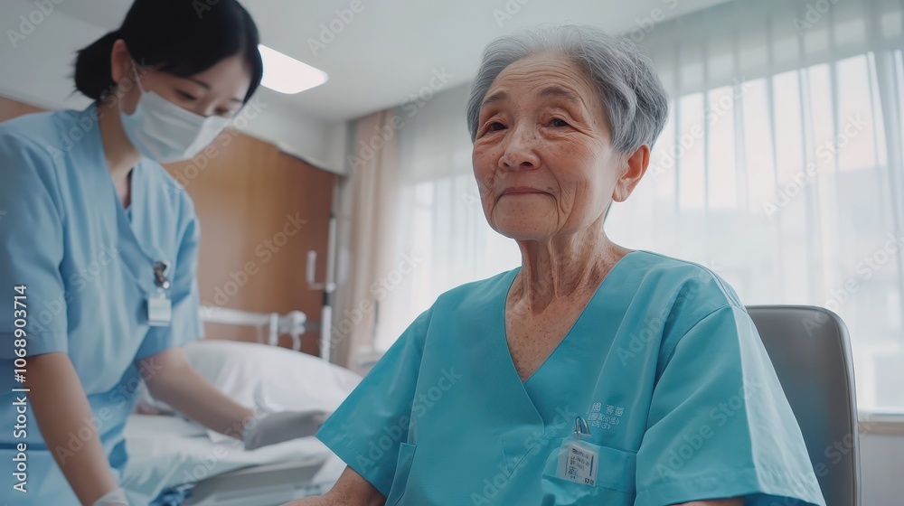 Asian senior patient in physical therapy, with a nurse providing support and guidance, capturing compassion and dedication in elderly care Asian senior patient in physical therapy, with a nurse providing support and guidance, capturing compassion and dedication in elderly care