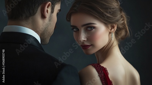 Intimate portrait of a glamorous couple: the woman in a red dress gazes intensely at the man in a black suit, creating an atmosphere of romance and allure.