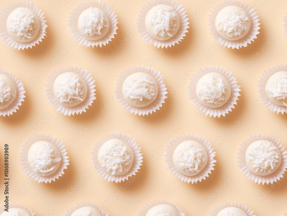 Traditional Brazilian Beijinho Dessert: Coconut Truffle Treats with Clove Garnish on a Neutral Background Traditional Brazilian Beijinho Dessert: Coconut Truffle Treats with Clove Garnish on a Neutral Background