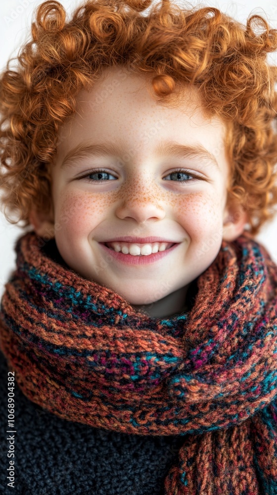 Vibrant portrait of a cheerful young child with striking curly ginger hair, bright blue eyes, and adorable freckles, wrapped in a cozy multicolored knit scarf. Vibrant portrait of a cheerful young child with striking curly ginger hair, bright blue eyes, and adorable freckles, wrapped in a cozy multicolored knit scarf.