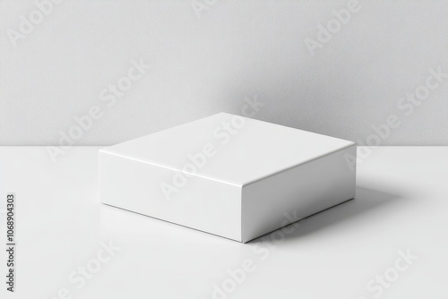 Minimalist product mockup of a white box on a white background. Ideal for showcasing branding, packaging design, and product photography.