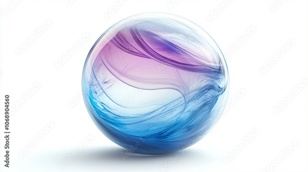 Abstract transparent glass sphere with blue and purple lines on white background, 3d rendering illustration of futuristic abstract shape with holographic element Abstract transparent glass sphere with blue and purple lines on white background, 3d rendering illustration of futuristic abstract shape with holographic element