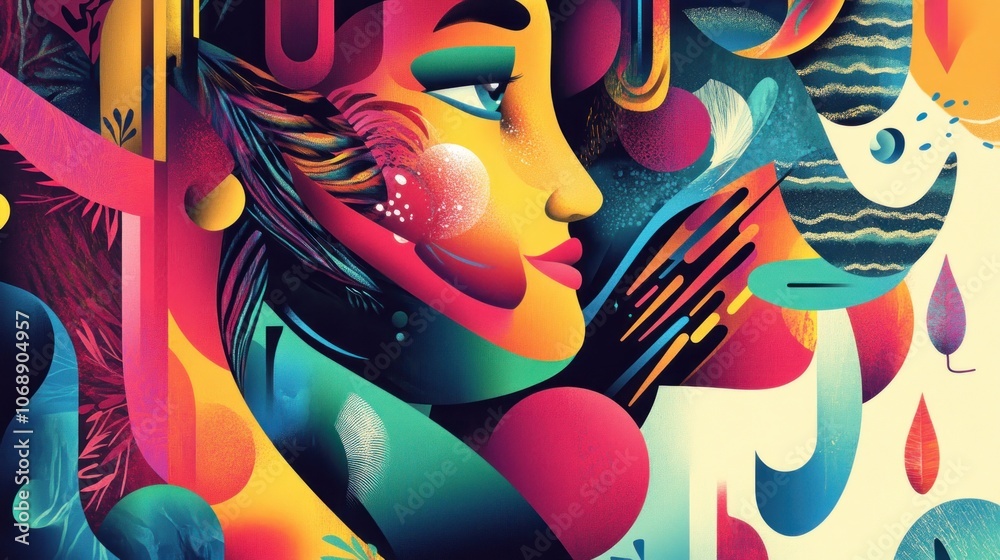 Abstract colorful illustration of a woman's face with vibrant shapes and patterns.