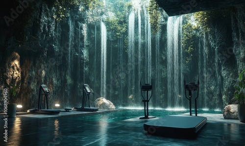 Indoor gym with treadmills in a cave with waterfall.