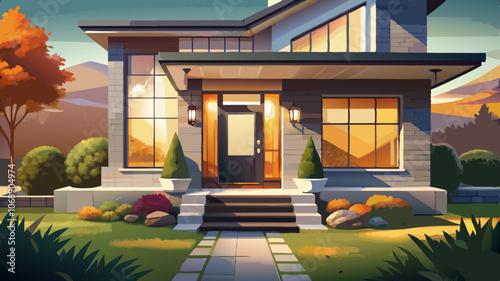 realistic photo, light facade of a modern cottage with an entrance door close-up, turned to the viewer sideways. The entrance door is white, with steel design elements. there is a beautiful lawn in fr