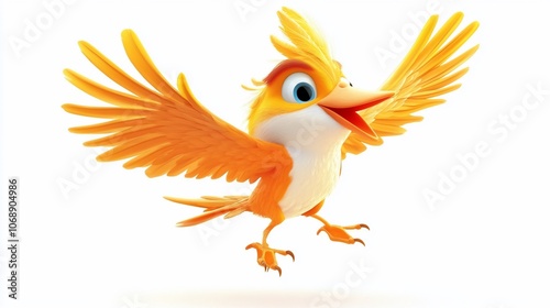 A cute, cartoon bird with yellow feathers, open wings, and a happy expression is flying against a white background.