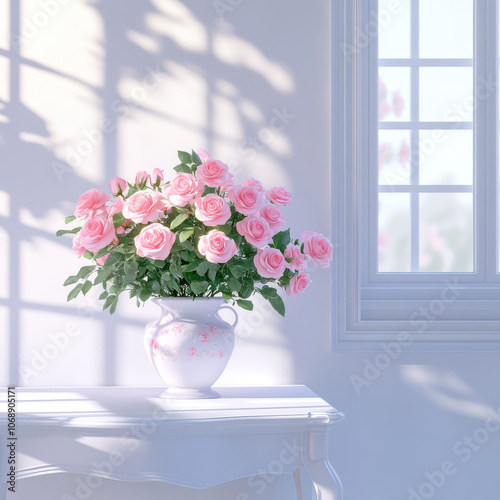 vase of pink roses sits gracefully on white desk, bathed in soft sunlight streaming through window, creating serene and elegant atmosphere