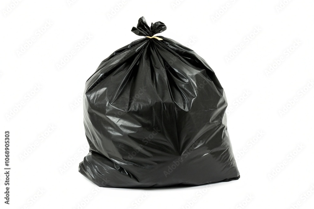 Black garbage bag tied on a white background