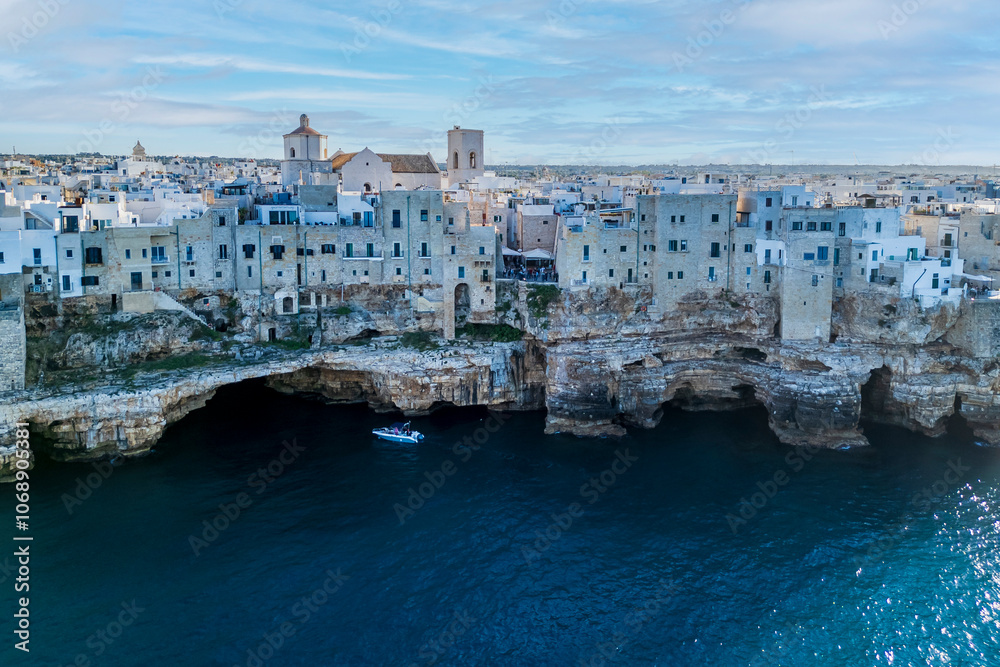 Polignano a Mare Town drone view in Italy Polignano a Mare Town drone view in Italy