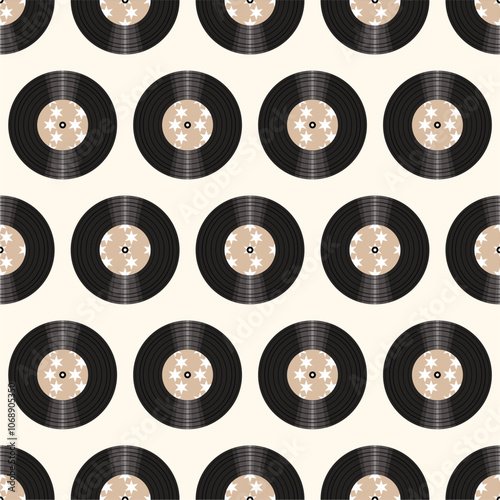 Seamless pattern print wallpaper with vinyl record discs music illustration vector retro style 60s, 70s, 80s, design art background for paper, textile, pack etc. 