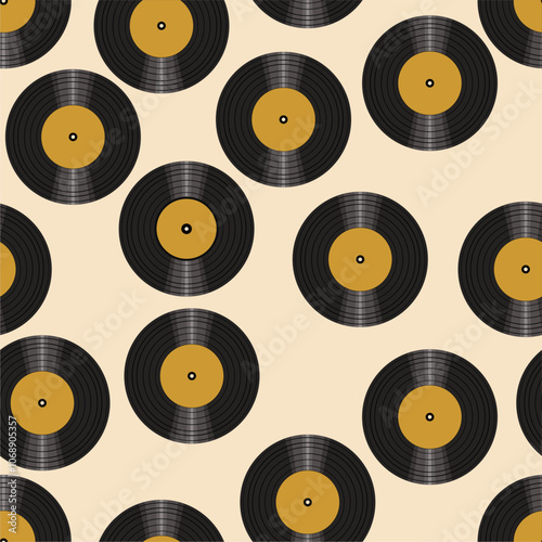 Seamless pattern print wallpaper with vinyl record discs music illustration vector retro style 60s, 70s, 80s, design art background for paper, textile, pack etc. 