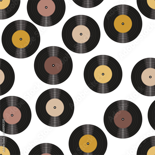 Seamless pattern print wallpaper with vinyl record discs music illustration vector retro style 60s, 70s, 80s, design art background for paper, textile, pack etc. 