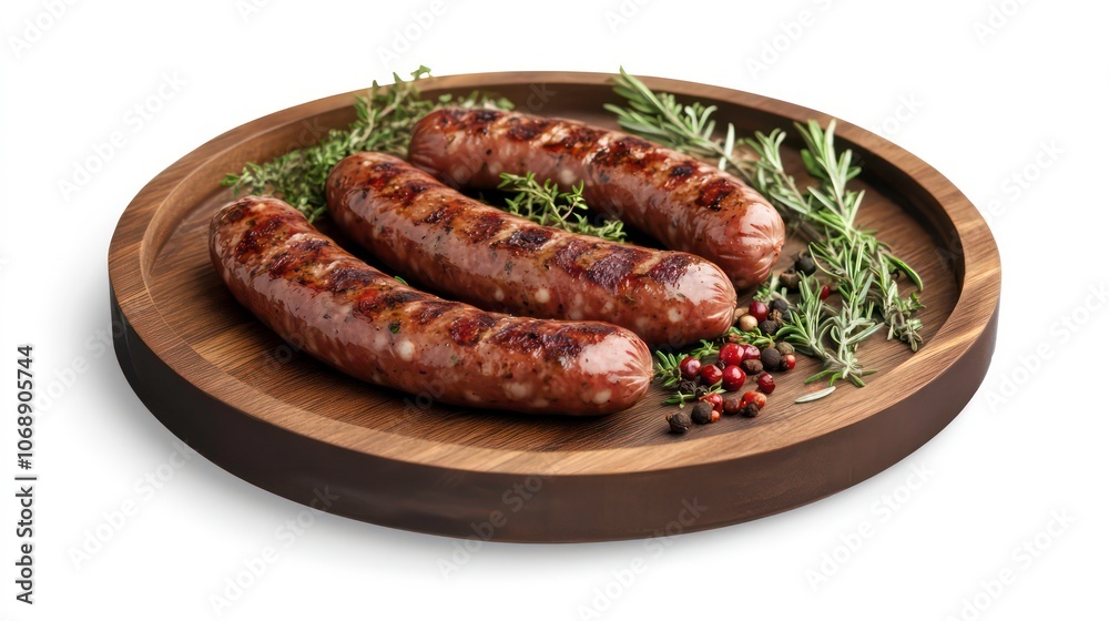 Grilled sausages on a wooden platter with herbs and spices. Grilled sausages on a wooden platter with herbs and spices.