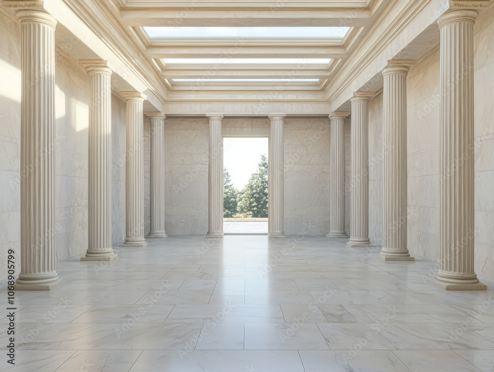 Fototapeta premium grand classical interior featuring tall columns and marble flooring, illuminated by natural light streaming through skylights. serene atmosphere invites contemplation and admiration