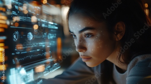 Focused Girl Engaged with Futuristic Digital Interface