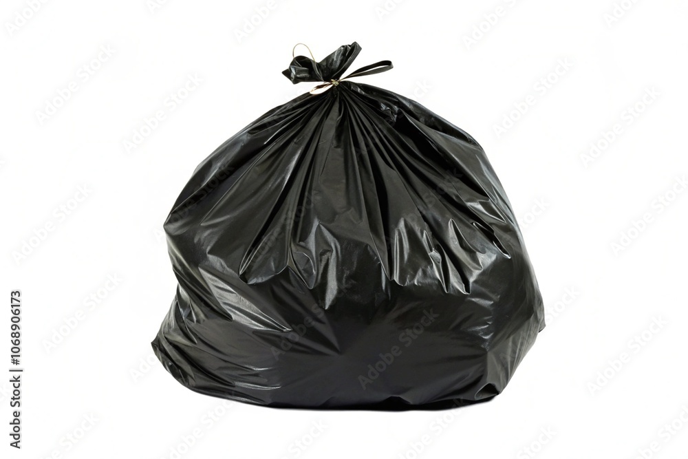 Black garbage bag tied on a white background