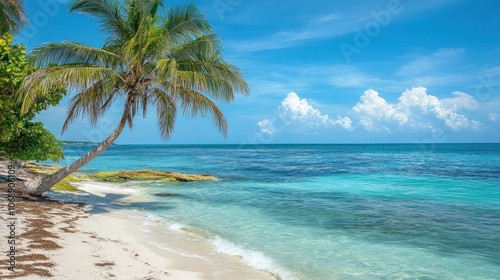 A serene beach scene featuring palm trees and clear turquoise waters under a blue sky.