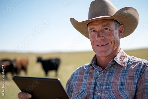 A cowboy contentedly surveys his cattle while holding a tablet, representing the melding of digital tools with traditional ranching in a pastoral landscape.