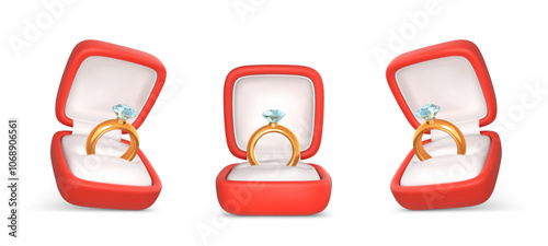 Engagement rings with precious stone in open boxes. Wedding gold ring and diamond in red case. Accessory for marriage proposal. Vector illustration