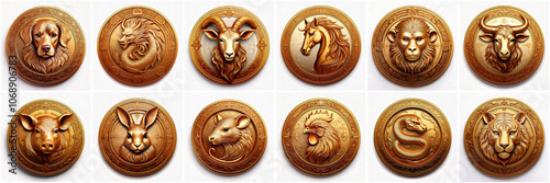 set of round thumbs with animals of chinese zodiac signs, isolated china astrology signs in brown and gold colors