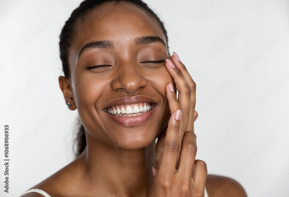 African American Woman Smiling With Eyes Closed, Radiant And Happy African American Woman Smiling With Eyes Closed, Radiant And Happy