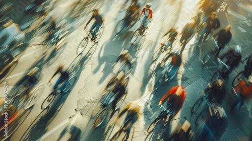 Crowded street with bicycles and pedestrians muted tones lowemission focus photo