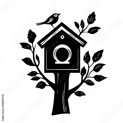 A charming birdhouse perched on a tree branch surrounded by vibrant leaves and a small bird, showcasing a peaceful moment in nature during a sunny day