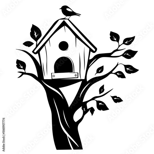 A charming illustration of a birdhouse perched on a tree with a small bird on top, capturing the essence of nature’s harmony and the inviting atmosphere for feathered friends
