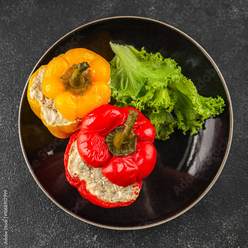 pepper stuffed meat and rice tasty food dish second course Fresh delicious gourmet food background on the table rustic food top view copy space top view photo