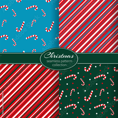 Christmas Candy Cane Seamless Background Set. Various Christmas Seamless Patterns Collection. Eps 10. Endless Texture for Wallpaper, Fabric Print, Wrapping Paper Print and Webpage Background